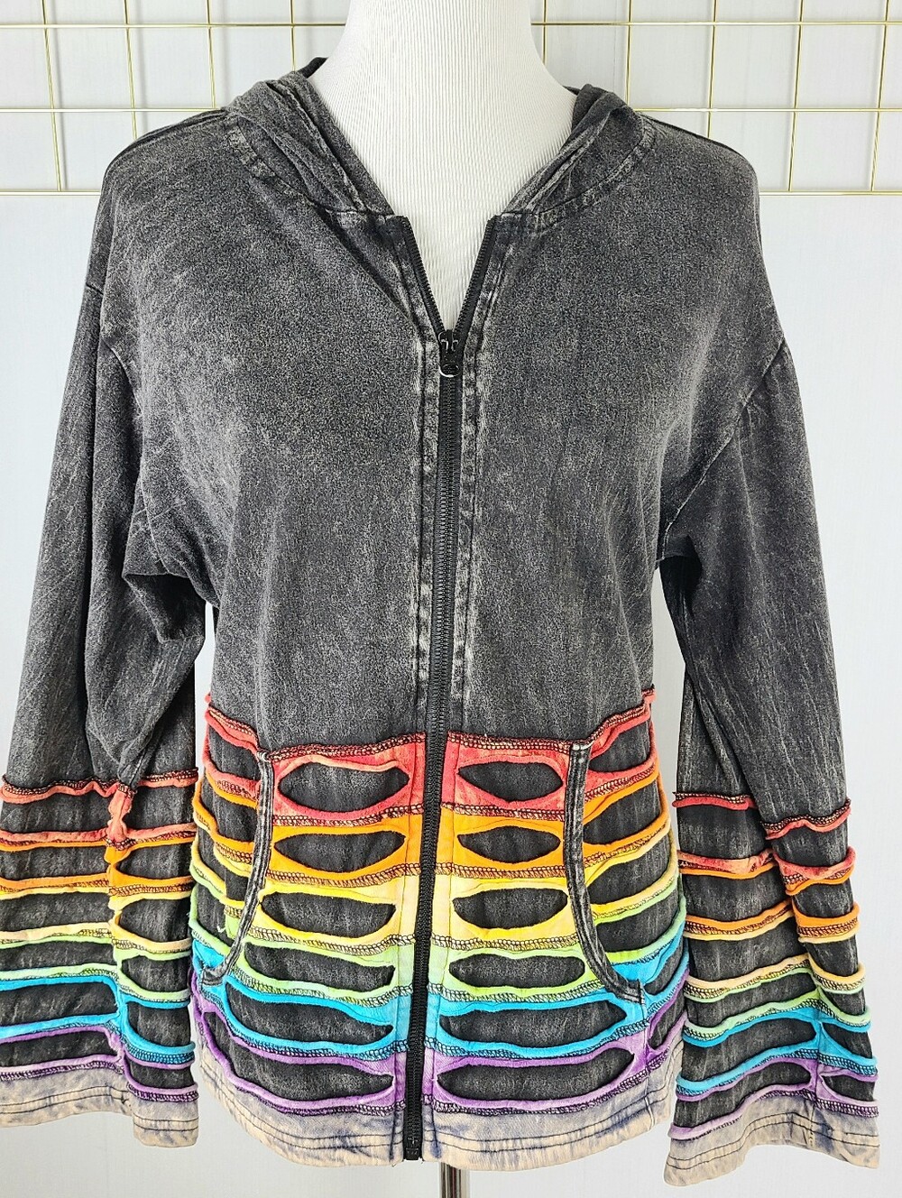 Shop Therapy Rainbow Trim Faded Boho Hippie Full Zip Hoodie